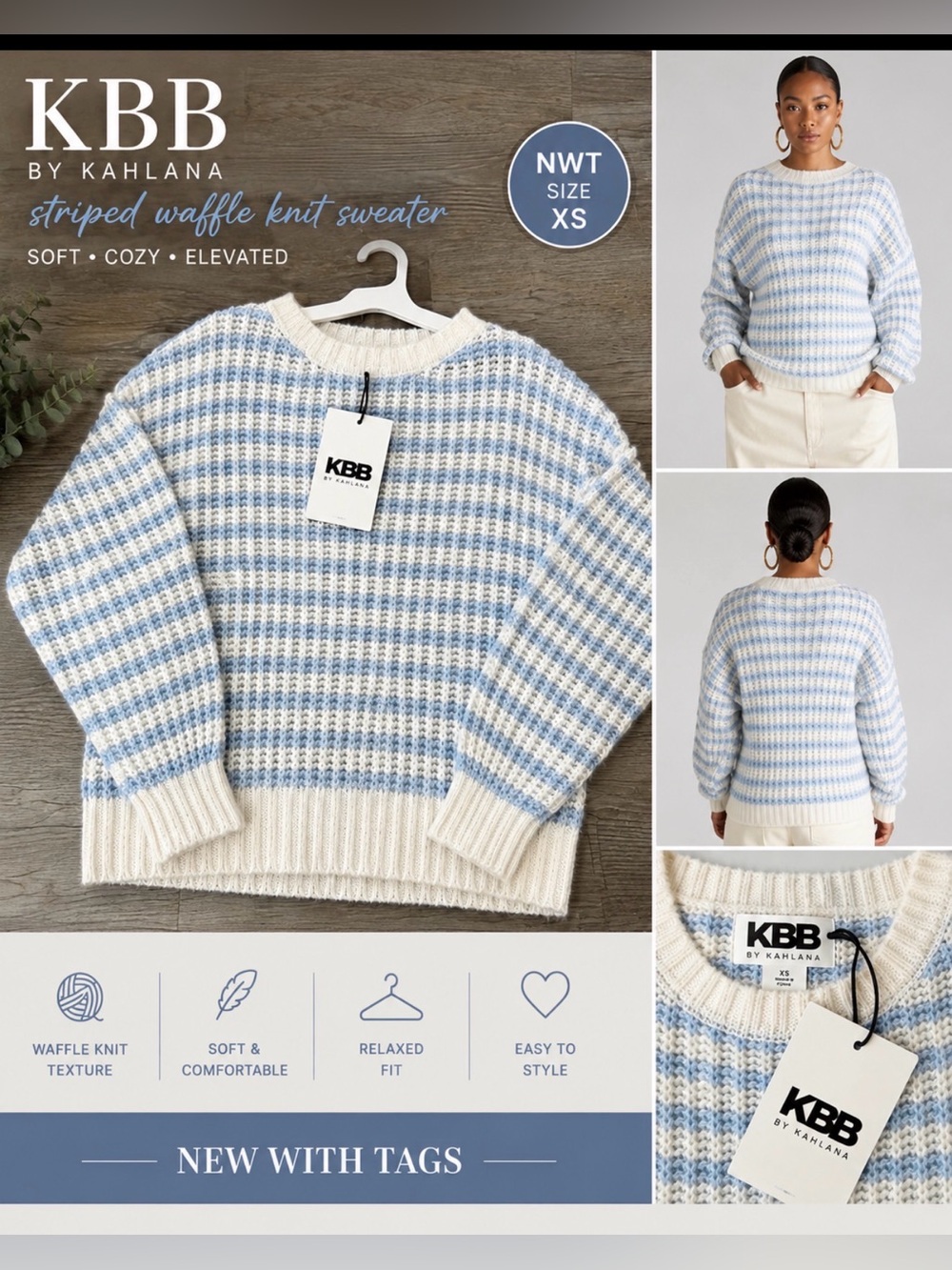 KBB by Kahlana Blue & Cream Striped Lightweight Fuzzy Knit Sweater NWT Size XS